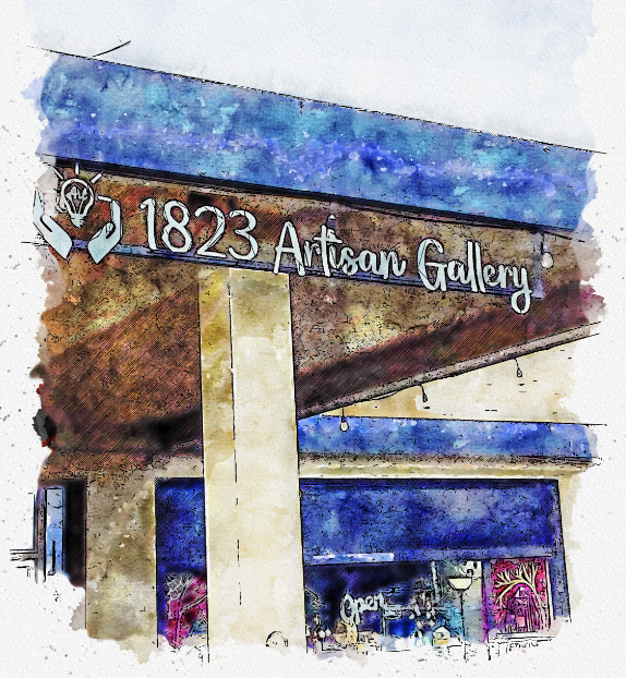 water color picture of building with sign