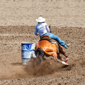 A cowgirl is riding a horse in a rodeo. She is competing in a barrel racing contest. The horse is kicking up a lot of dirt rounding the barrel. The horse is brown and the cowgirl is wearing blue.