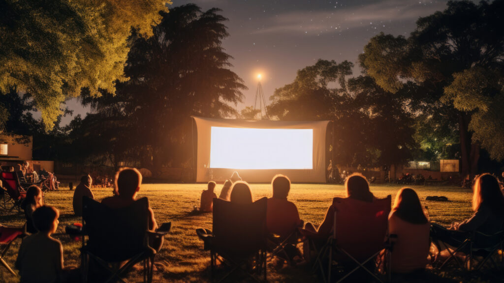 people watching movie on a lawn outside at night