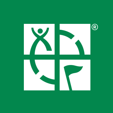 Logo for Geocaching brand. green with white square made up of 4 smaller squares with a person and flag drawn into a circle.