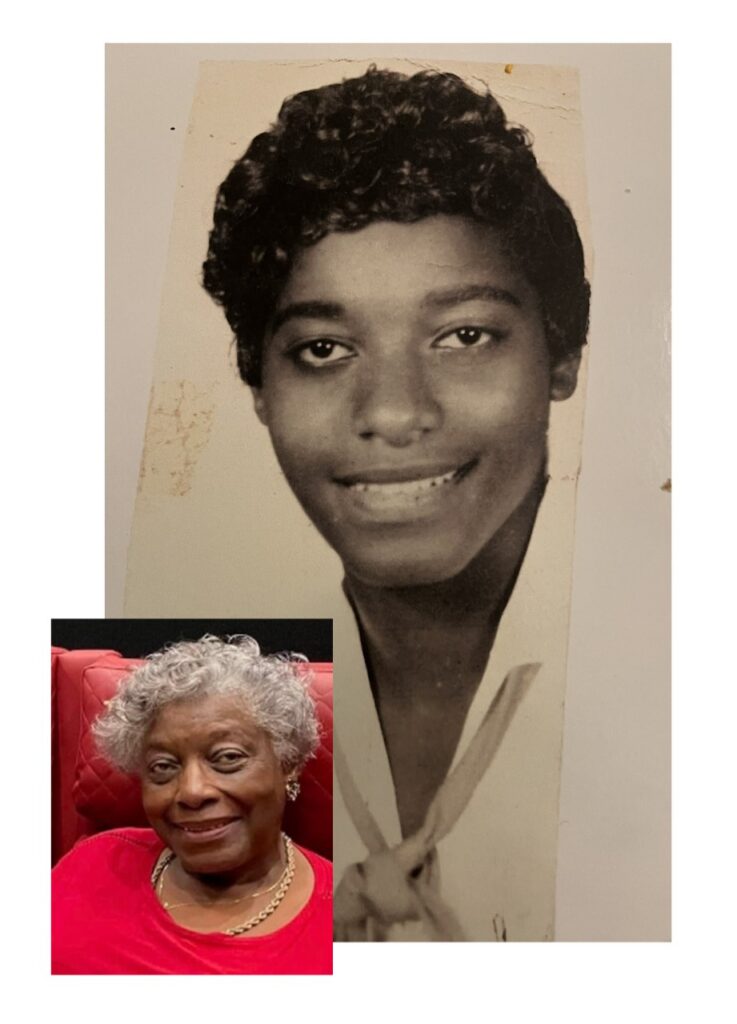 Portrait of 82-year old black woman with gray curly short hair and red shirt next to another portrait of the same woman at age 16 with black curly short hair and wearing a white collared shirt