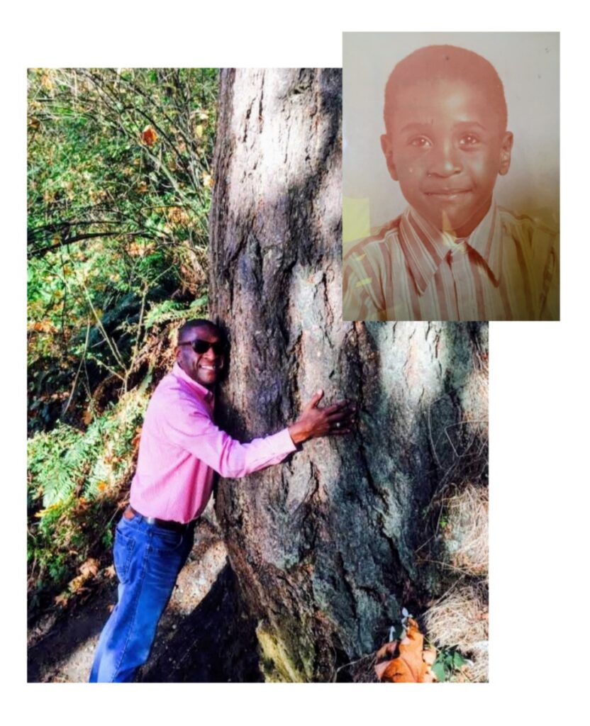 man in pink long sleeve shirt, sunglasses and jeans hugs a tree, next to a portrait of him has a little boy