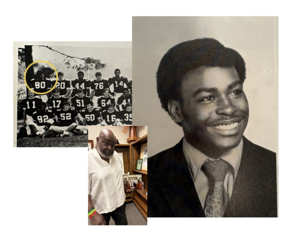 a trio of images, which include a photo of an older blackman, next to his high school yearbook photo wearing a black suit and tie, next to a yearbook photo of his football team.