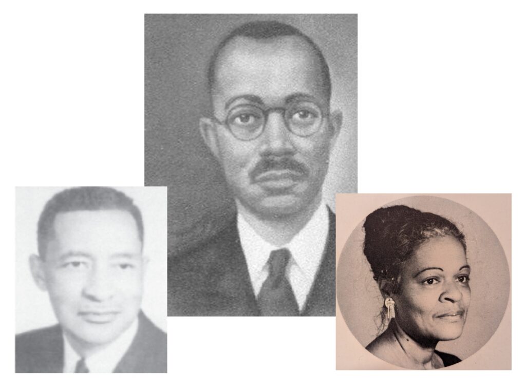 three portraits, including one of an adult black man with mustache and glasses, another portrait of the man's son (at around the same age), and a third portrait of the son's wife, wearing her hair up in a bun.