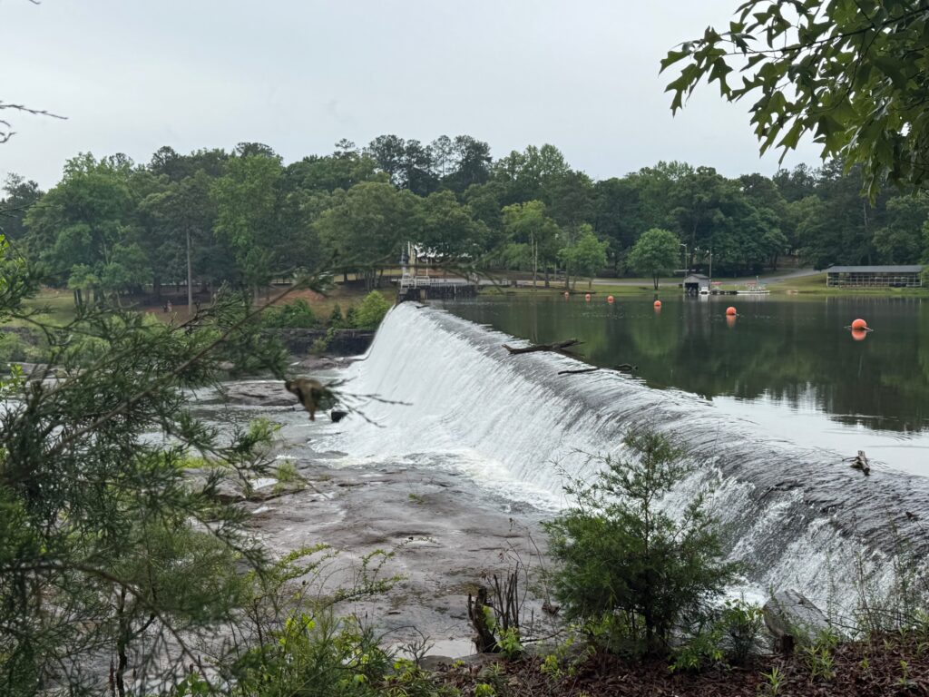 view of waterfall looking through break in trees of present day High Falls State Park