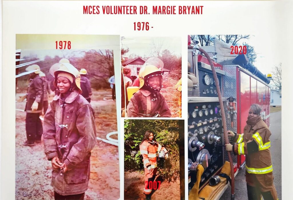 collage of vintage photos of Dr. Margie Bryant (African American Female) at various ages in firefighter uniform
