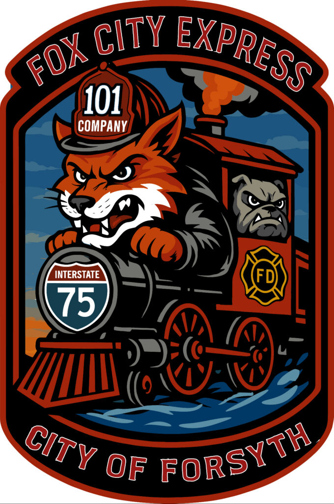 badge design with fox dressed in a firefighter uniform driving a train