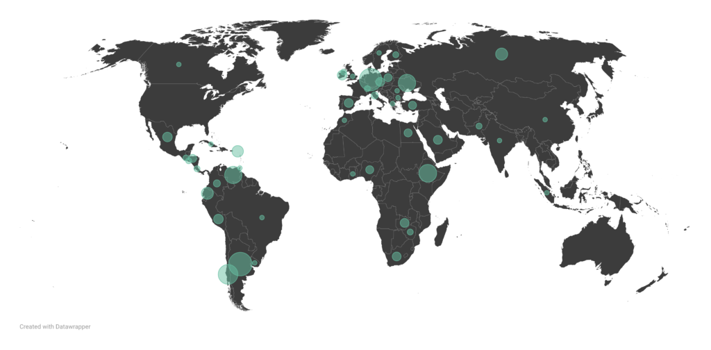 world map with varying sizes of dots showing where people are visiting from