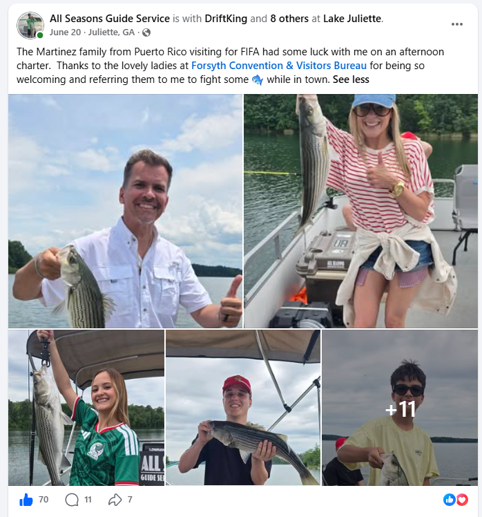 Facebook post from Forsyth fishing guide showing Puerto Rico World Cup fans visiting Forsyth