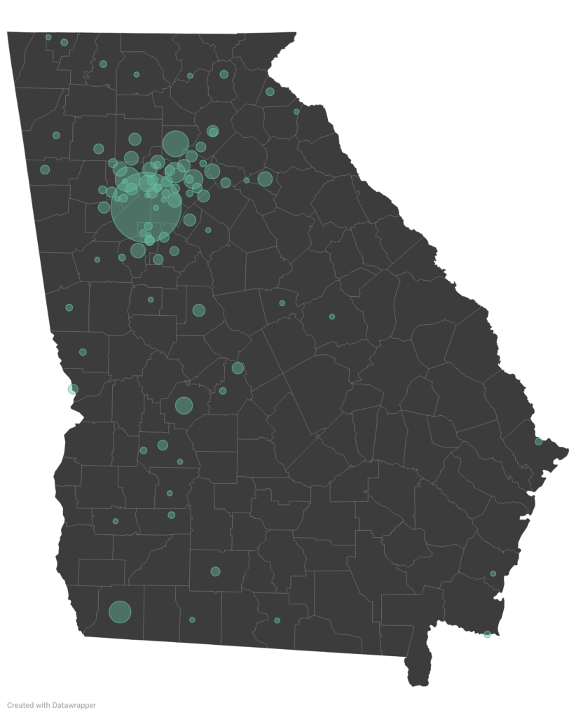 Georgia state map with varying sizes of dots showing where people are visiting from