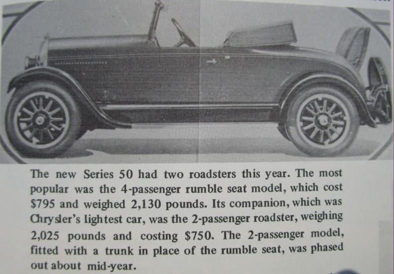 clipping/scan from old newspaper or catalog with 1927 chrysler series 50 roadster car pictured