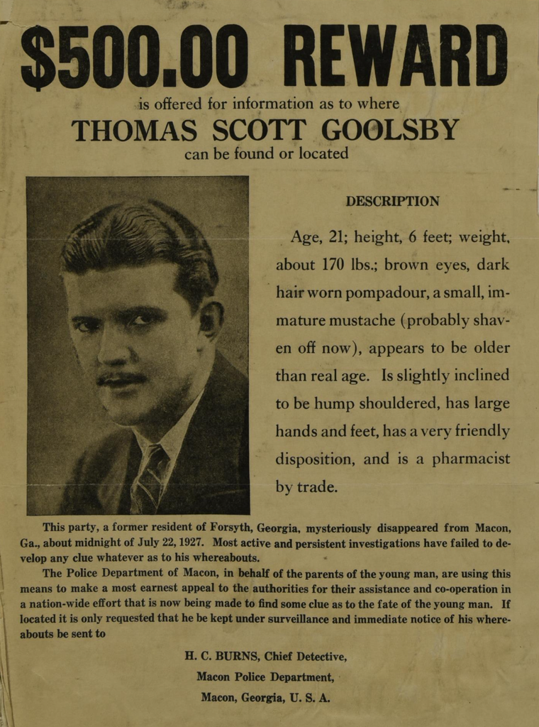 newspaper ad offering reward with photo of missing scott goolsby 1927
