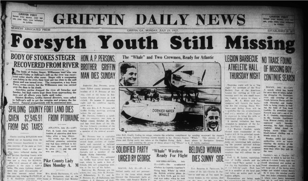 front page of 1927 newspaper called The Griffin Daily News. Headline reads FORSYTH YOUTH STILL MISSING