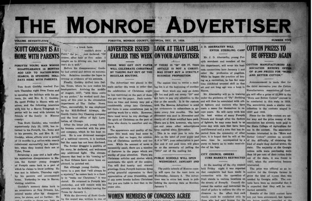 front page of 1928 newspaper reads Scott Goolsby is at home with parents