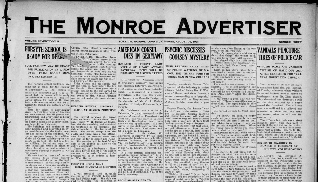 newspaper front page reads "psychic discusses goolsby mystery"